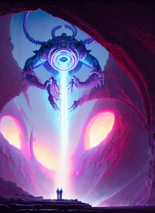 Prompt: rebulon the ancient arch - demon, by greg rutkowski and lisa frank, masterpiece concept art, 8 k, intricate detail, cinematic lighting, epic pose, deep colors, majestic view