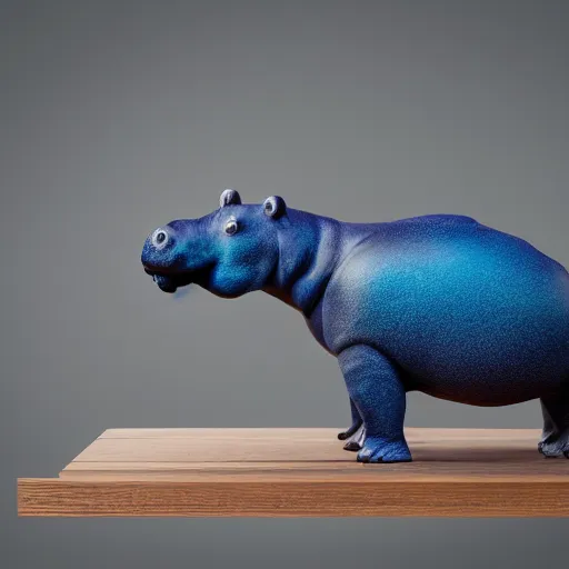 Prompt: a photo of a model hippo made of wood countertop, wood mixed with blue epoxy resin, dramatic lighting, studio zeiss 1 5 0 mm f 2. 8 hasselblad, award - winning photo