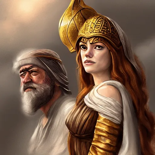 Image similar to tiny Emma Stone as ancient greek woman in golden helmet standing on giant grey-haired bearded male face in the sky, epic fantasy style art, fantasy epic digital art