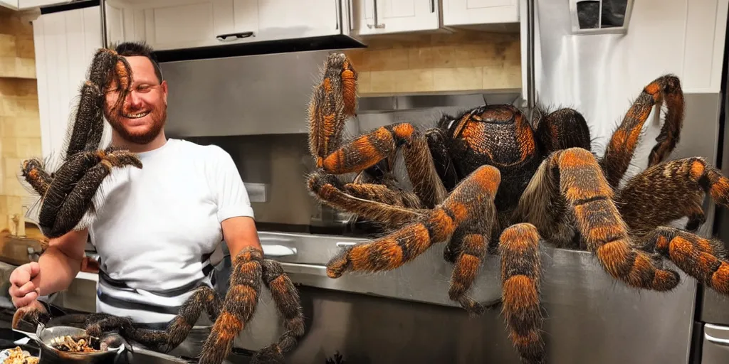 Prompt: A photo of a giant tarantula in the middle of the kitchen in hell's kitchen