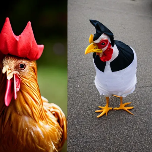 Image similar to chicken dressed as an inmate, real photography, police statiom