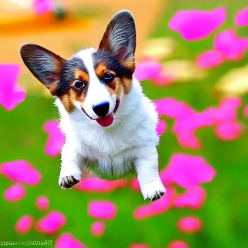 Prompt: corgi flying around flowers as a bee, cute, happy, realistic, sparkling petals, action shot