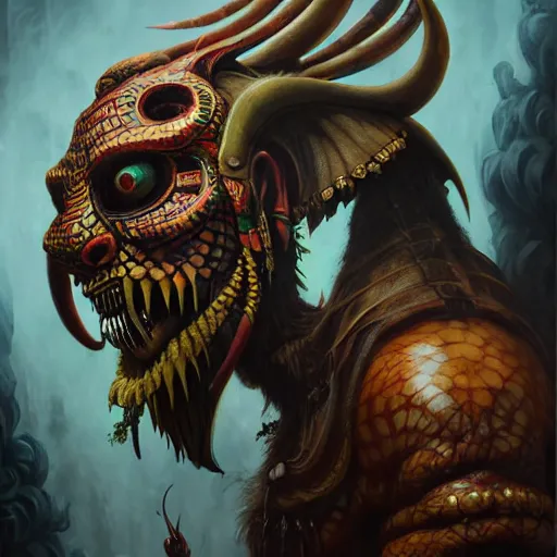 Prompt: side profile of barong family member, wiwek, mara demon, one single tribe member, jungle, one single mask, dark, ancient viking warrior, snake, cameleont, tribal, inner glow, paint by peter mohrbacher