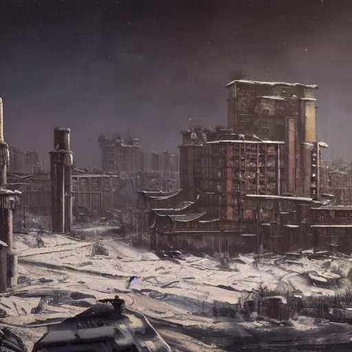 Prompt: a oil painting of brutalism old atom winter soviet town from frostpunk by Simon Stålenhag, in style of fractal landscape by Simon Stalenhag, atompunk, Sci-Fi, 8k, ultra detail, volumetric lighting, unreal engine, octane render, ultra realistic, max quality, epic 35 mm lens shot, photorealism