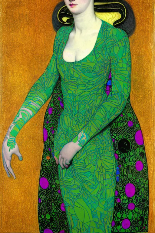 Prompt: full body portrait of a young pale woman with lilac hair, wearing a neon green dress by Vivienne Westwood, intricate details, super-flat, in the style of James Jean, Jean Auguste Dominique Ingres, Gustav Klimt, black background