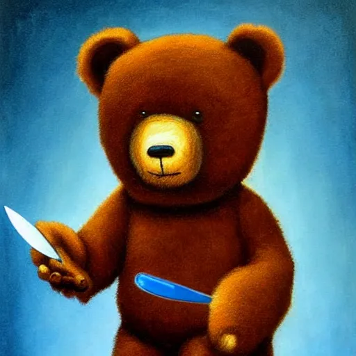 Prompt: teddy bear scary monster with the knife in his hand atmospheric lighting, colorful painting, golden ratio, by Jason Edmiston