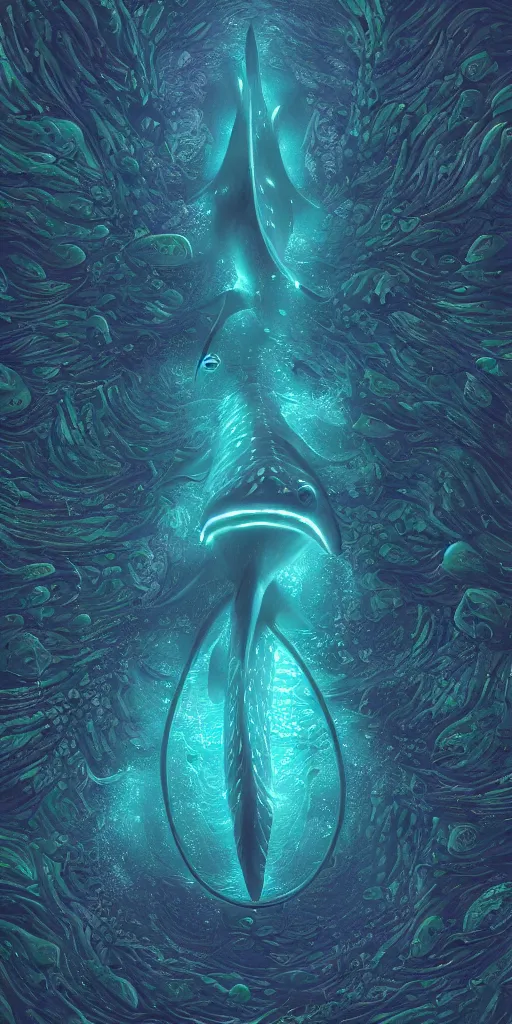 Image similar to A bioluminescent whale shark, lovecraft, coherent, symmetrical, intricate, high detail, digital painting, fantasy painting, visionary art, octane render, 4k, trending on artstation