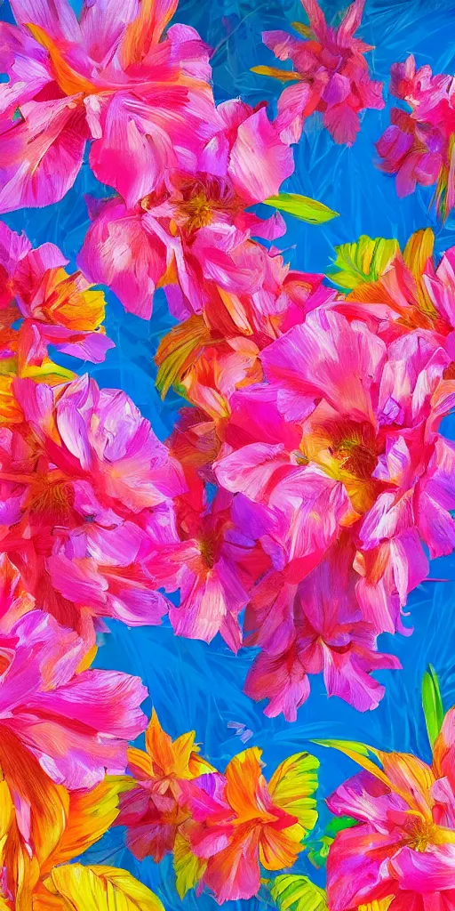 Prompt: tropical flowers pink and blue illustration design concept, oil painting, brush texture, hyperrealistic, dynamic lighting, intricate detail, harvest fall vibrancy, cinematic volume glowing aura global illumination ray tracing hdr