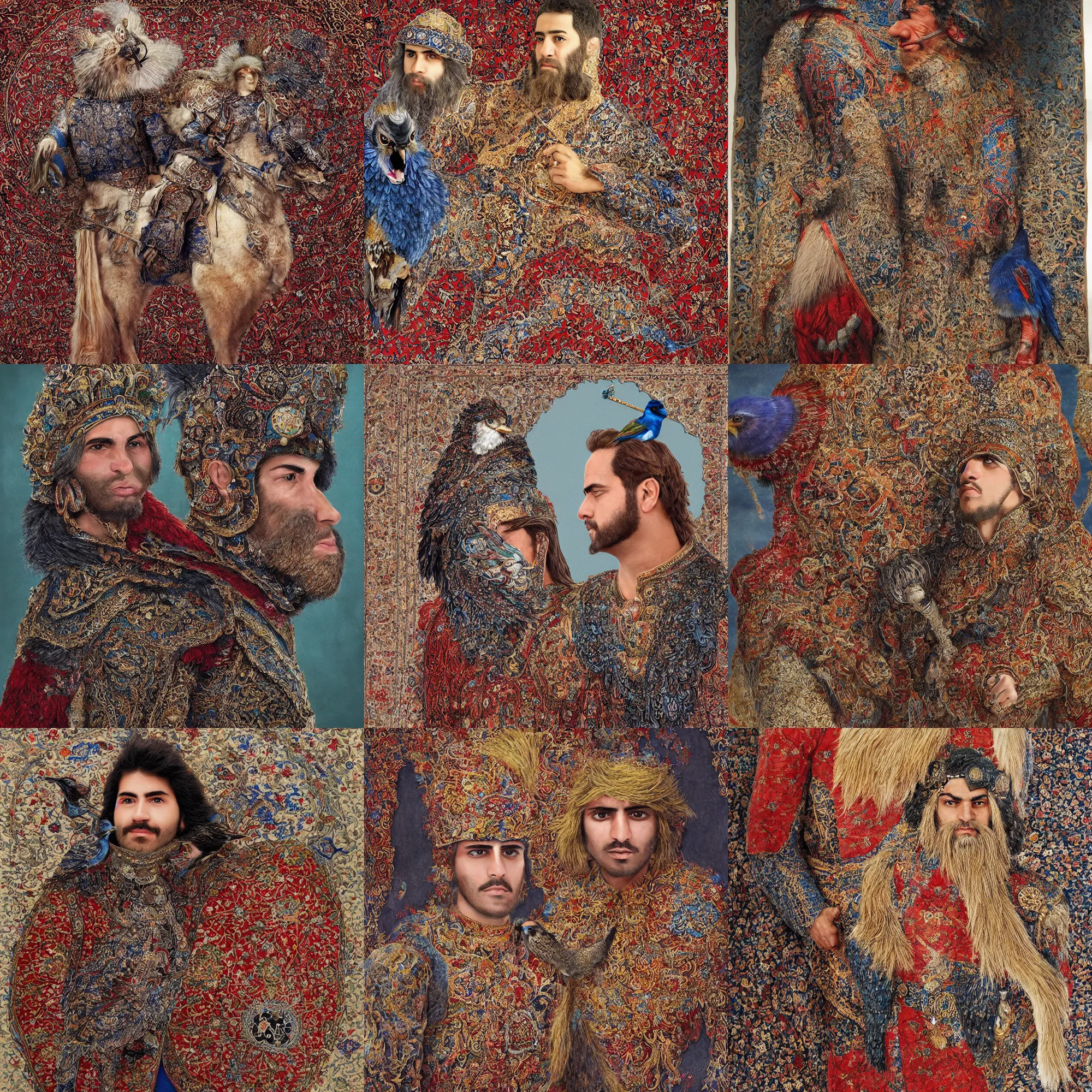 Prompt: photorealistic portrait of a magic Fluffy 3d Persian Carpet warrior, everything is carpet and 3d, bird on his shoulder, surreal, immense detail, epic, striking