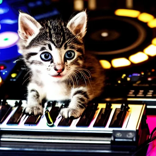 Prompt: a photo of a kitten DJing at a disco, cat, music, DJ, vinyl, headphones, dance