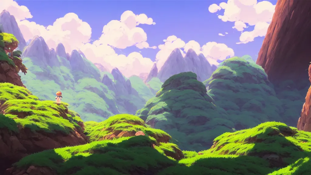 Image similar to mountainside landscape, studio ghibli, pixar and disney animation, sharp, rendered in unreal engine 5, highly detailed, digital painting, artstation, concept art, smooth, sharp focus, illustration, wide angle, artbook, wallpaper, splash art, promo art, dramatic lighting, art by artgerm and greg rutkowski and bo chen and jin xiaodi