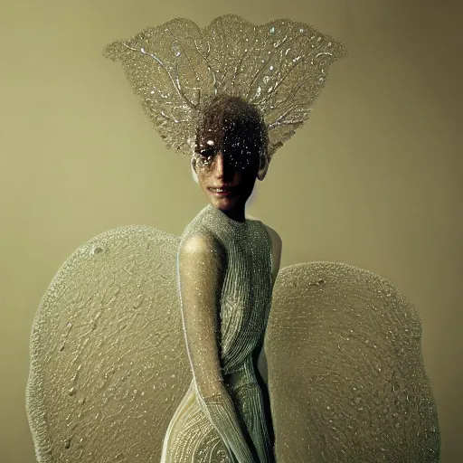 Image similar to full shot of a regal brown woman wearing an intricate and detailed armor made of dew drops. refracted light. morning dew. delicate. translucent. haunting eyes. vulnerable. fragile. ethereal. refracted light. by ray caesar. by louise dahl - wolfe. by andrea kowsch.