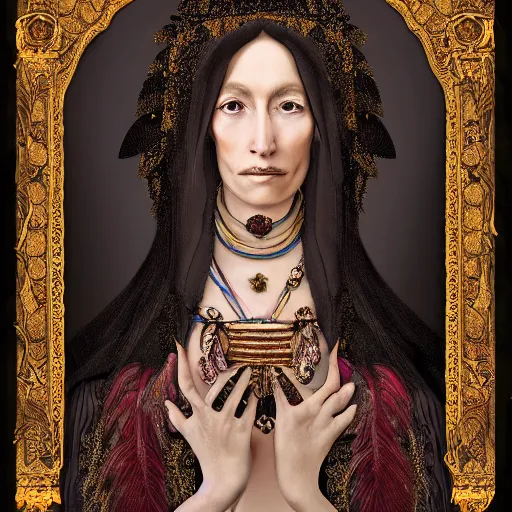 Prompt: portrait, headshot, digital painting, of Mother Ayahuascaa as a 10th century beautiful female Royal, dark hair, tropical feathers, seashells, teeth, claws, baroque, ornate clothing, scifi, futuristic, realistic, hyperdetailed, chiaroscuro, concept art, art by caravaggio