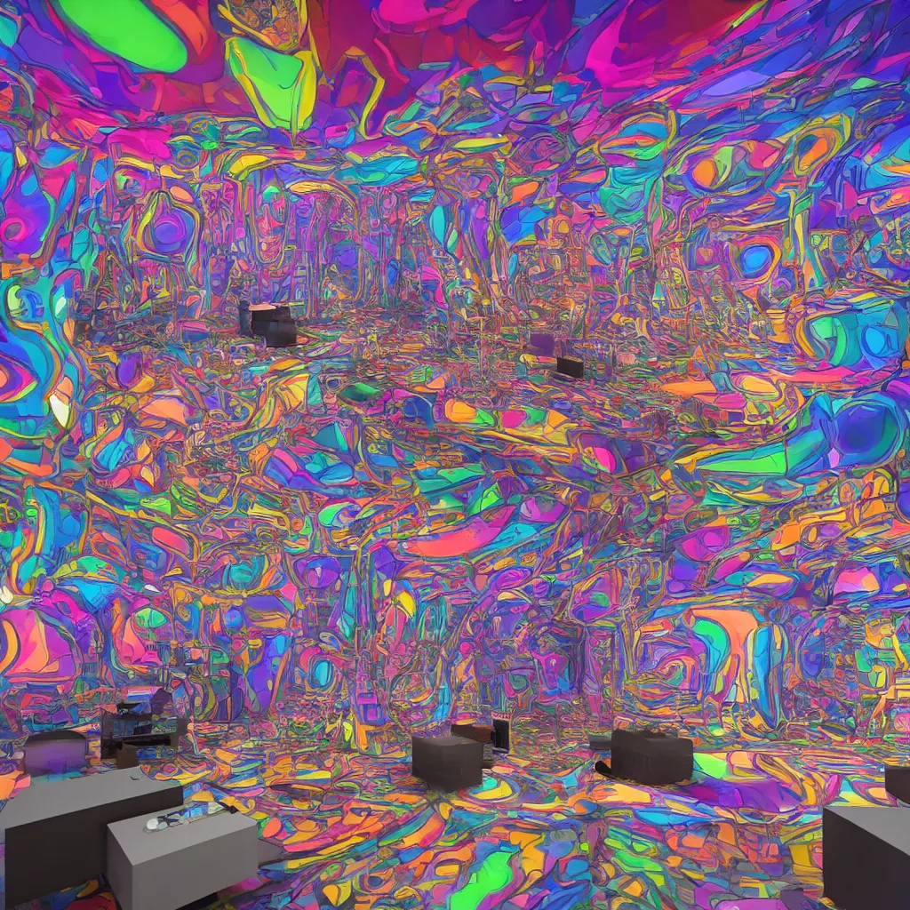 Prompt: inside a modern ai artists room with psychedelic walls and whimsical furniture with large windows overlooking a metropolis, perfect symmetry, super focus, 8 k, cinematic lighting, techie, mechanical, fractal, relaxing