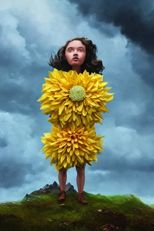 Image similar to closeup girl with huge yellow dahlia flower face, intricate, standing on mountain, surreal photography, blue storm clouds, dramatic light, impressionist painting, digital painting, artstation, simon stalenhag