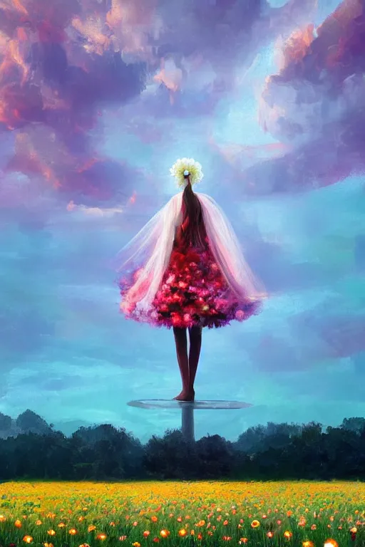 Image similar to giant white daisy flower head, girl with veil walking in a flower field, surreal photography, sunrise, dramatic light, impressionist painting, colorful clouds, digital painting, artstation, simon stalenhag