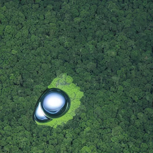 Prompt: photo of a chrome blob in the amazon rainforest