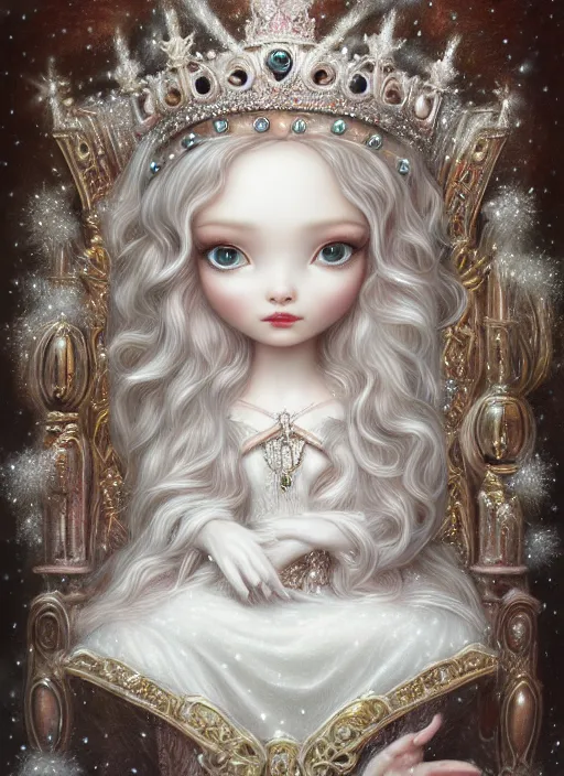 Image similar to highly detailed closeup portrait of a snow, ice princess wearing a crown and sitting on a throne, nicoletta ceccoli, mark ryden, lostfish, earl nore, global illumination, god rays, detailed and intricate environment