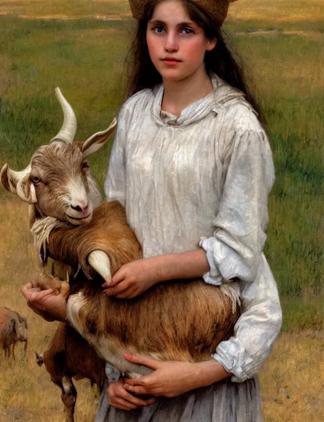 Image similar to portrait of peasant girl holding goat in her hands, cottage core, cinematic focus, polaroid photo bleached vintage pastel colors high - key lighting, soft lights, foggy, by steve hanks, by lisa yuskavage, by serov valentin, by tarkovsky, 8 k render, detailed, oil on canvas