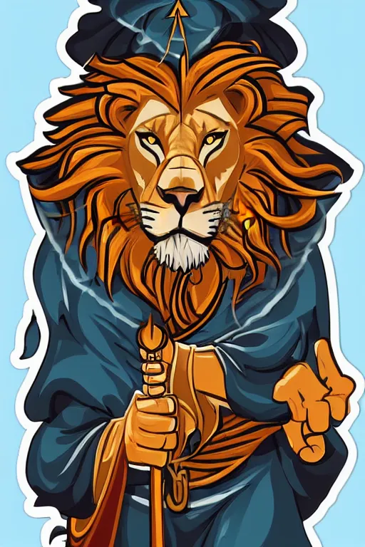 Image similar to Portrait of a Lion that is a wizard casting a spell , wizard, medieval, sticker, colorful, casting epic spell, magic the gathering artwork, D&D, fantasy, artstation, heroic pose, illustration, highly detailed, simple, smooth and clean vector curves, no jagged lines, vector art, smooth