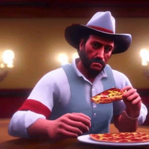 Image similar to gopro footage of a hotdog man eating a slice of pizza in a court room, iso 2 0 0, depth of field, cinematic, volumetric lighting, by red dead redemption 2