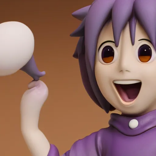 Image similar to purple clay character, laughing, studio ghibli looking at the camera, cute anime style, octane render