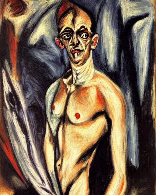 Image similar to Max Beckmann. El Greco. Oil on canvas. Portrait of a demon.