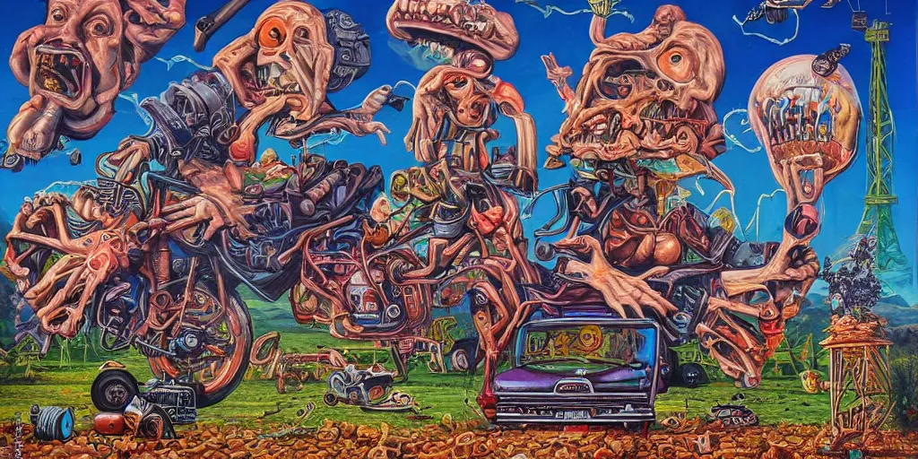 Image similar to refined oil painting lowbrow pop surreal masterpiece in the style of robert williams,