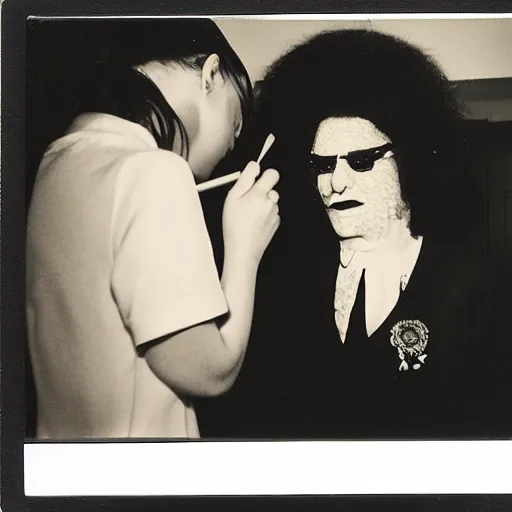 Prompt: polaroid photo of Ronald McDonald putting on makeup in the dressing room, premiere nerves, style of Karl Lagerfeld