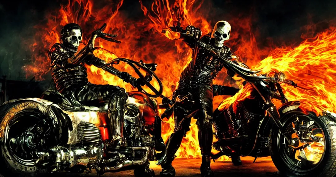 Prompt: movie still from the ghost rider flaming skull cyberpunk movie directed by the Wachowskis, epic anime style, practical effects, ominous, cinematic lighting, photo realism, filmic, dark saturated colors, terrifying sci-fi horror masterpiece, full body portrait, black background, by Giger