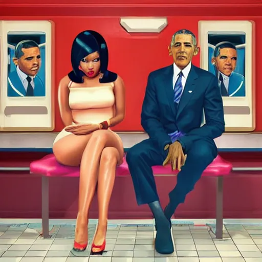 Prompt: nicki minaj sitting next to barack obama in a vintage barbershop in gta v cover art, symmetrical, brownish flat colors, hyper realistic, highly detailed, trending on artstation