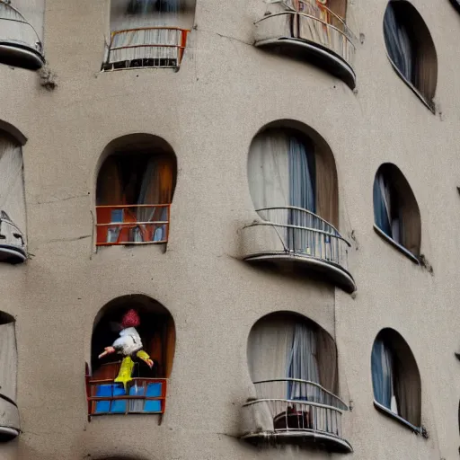 Image similar to some dwarfs are making some backward somersault from a balcony, photography