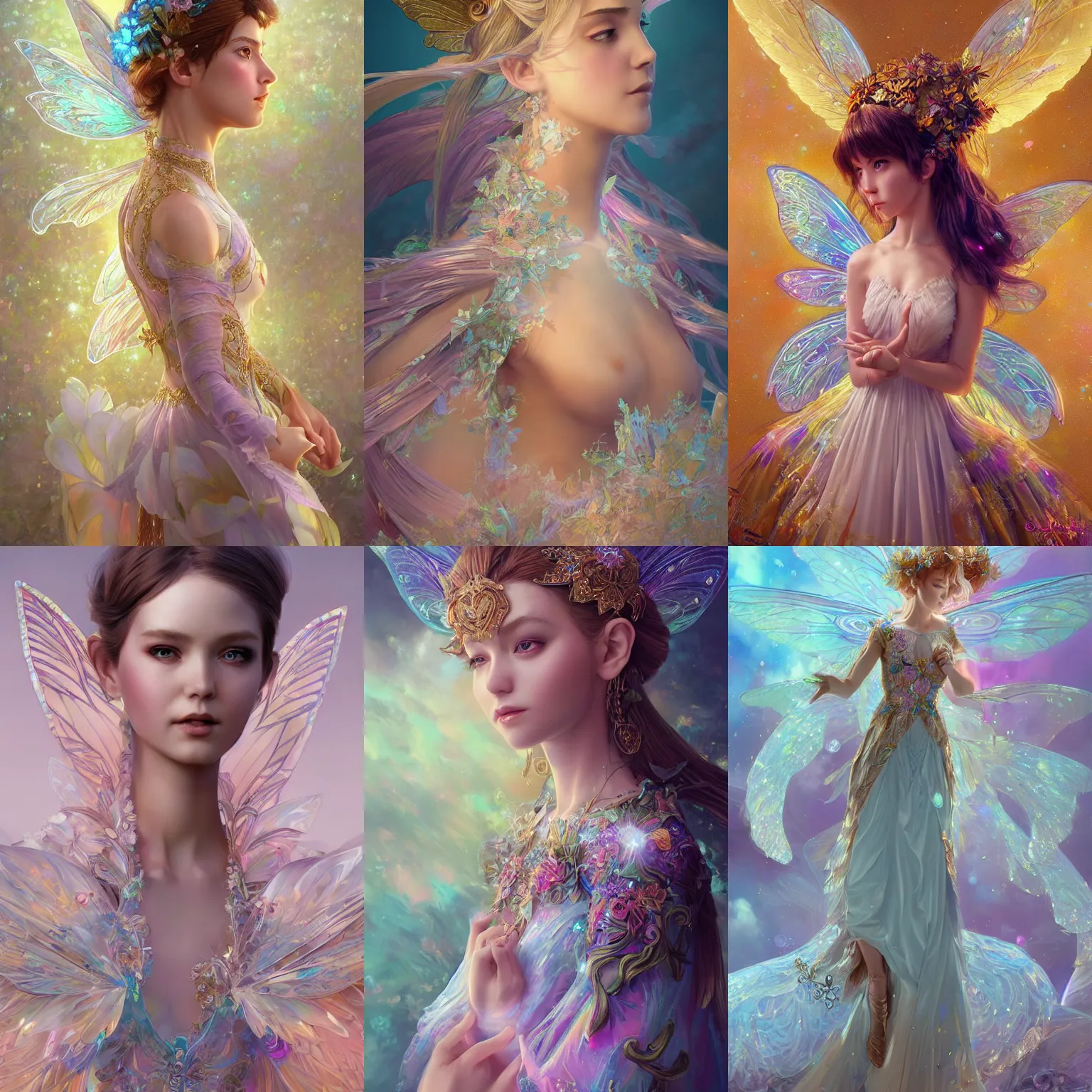 Prompt: Concept, Digital Art, Highly detailed iridescent fairy with flowy clothing and ornate clothes by artgerm, ilya kuvshinov, ryan meinerding, Very highly detailed 8K, octane, Digital painting, the golden ratio, rational painting