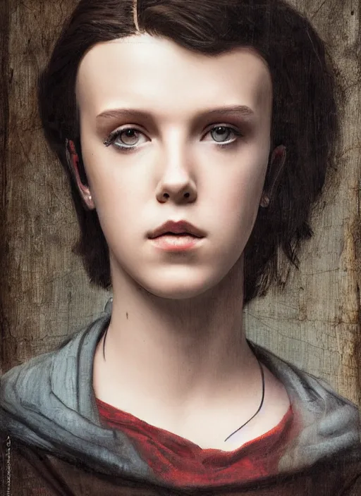 Image similar to Portrait of cyberpunk Millie Bobby Brown by Leonardi Da Vinci