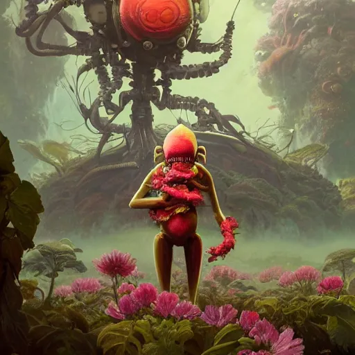 Image similar to exquisite flowers, imaginative alien creature poster art, humanoid, anthro, botanical illustration 8 k, octane render by lucusfilm weta studio tom bagshaw james jean frank frazetta, james gurney martine johanna and simon stalenhag and chie yoshii and casey weldon