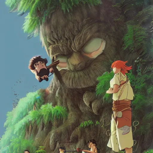 Prompt: giant ogres holding saws and cutting down trees, fantasy, magical, unreal, by studio ghibli, matte painting