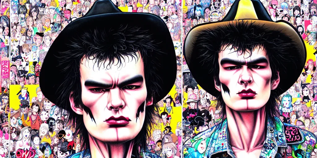 Image similar to full view of sid vicious, wearing a cowboy hat, style of yoshii chie and hikari shimoda and martine johanna, highly detailed