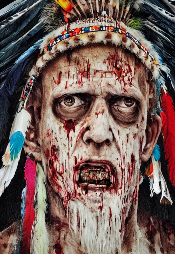 Prompt: close up portrait of zombie Pope Francis wearing a Native American Indian Feathered Headdress War Bonnet, dead redemption, by Dan Colen