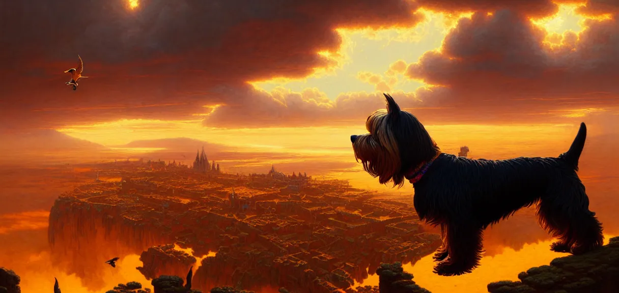 Prompt: post - minimalism portrait of a giant yorkshire terrier destroying medieval village, bird's eye view, golden clouds, vibrant psychedelic color scheme, highly detailed, in the style of romanticism, cinematic, artstation, moebius, greg rutkowski