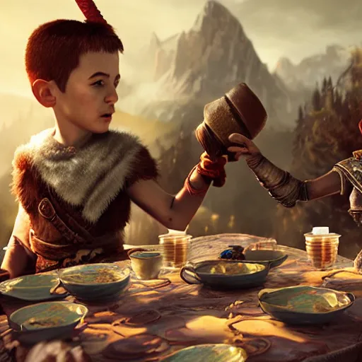 Image similar to god of war having a tea party with little kids, digital painting, 3 d, octane render