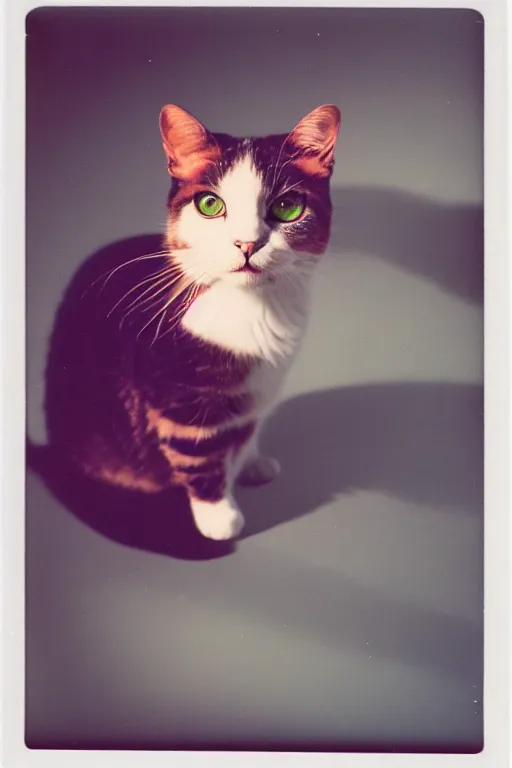 Prompt: analog vintage photography portrait polaroid of a cute cat, bright light, lensflare, reflection, red color bleed, heavy film grain, bloom, glow