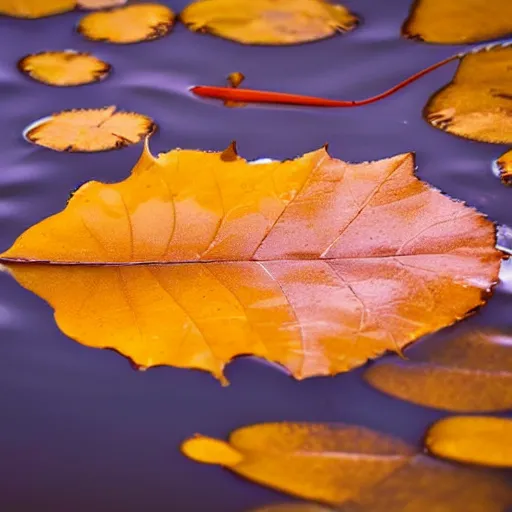 Prompt: close - up of a yellow maple leaf floating on top of a pond