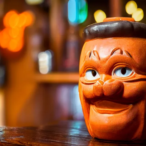 Image similar to a closeup photorealistic photograph of an orange cat garfield style tiki mug at a trader vic's bar with garfield's face on the front. tiki party. bright scene. fine detail. this 4 k hd image is trending on artstation, featured on behance, well - rendered, extra crisp, features intricate detail, epic composition and the style of unreal engine.