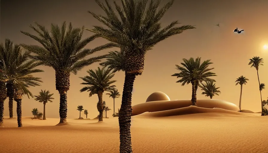 Prompt: an arabian desert village during an alien invasion at night, a big flying saucer ufo in the sky, dunes, oasis, palm trees, an arab standing watching over, artwork by michal karcz