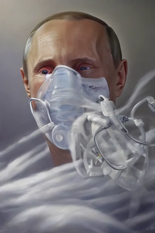 Prompt: a very hyperrealistic oil painting of ill Vladimir Putin as a patient wearing an oxygen mask lying in bed inhaling white clubs of smoke from Copium tank that stand near his bed, visible face, distant shot, oil painting, highly detailed, hyper realistic, volumetric lighting