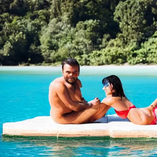 Image similar to photo of a 4 0 year old man that looks young for his age dating a very attractive legal 2 2 year old colombian woman wearing a bikini. they are swimming.