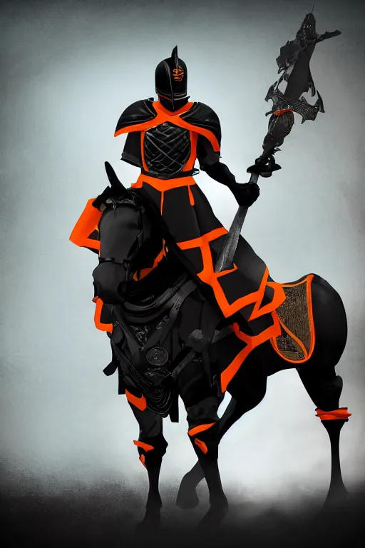 Prompt: a digital photograph of an african american knight in heavy black parmor with orange trim, wearing a black elegant cape flowing in the wind, the knight holds a black sword in one hand, the knight is riding a black horse with mechanized armor who is gallaping, extremely detailed, unreal engine, concept art, 8 k