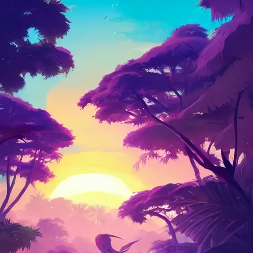 Image similar to tropical jungle, 2 moons in the sky above, purple tinged sky, behance hd artstation by jesper ejsing by rhads, makoto shinkai and lois van baarle, ilya kuvshinov, ossdraws