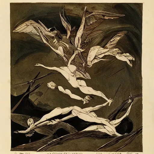 Image similar to by john james audubon, by jackson pollock flowing. a body art of a winged creature, flying high above a group of people in a dark, wooded area. the creature's wings are spread wide & its head is turned upwards, looking towards the sky. people below looking up at creature awe & fear.