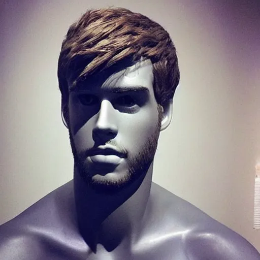 Image similar to “a realistic detailed photo of a guy who is an attractive humanoid who is half robot and half humanoid, who is a male android, actor Liam Hemsworth, shiny skin, posing like a statue, blank stare, at the museum, on display”